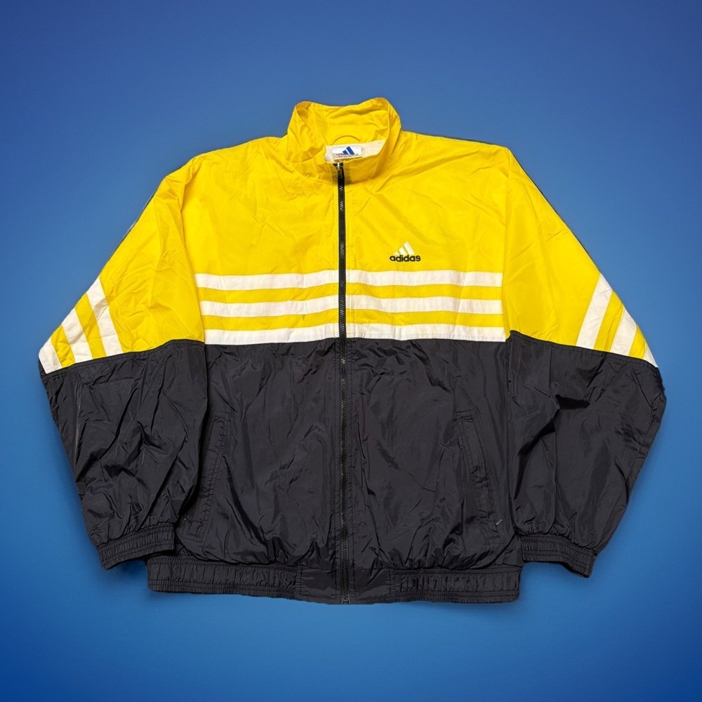 Vintage Adidas Track Jacket Mens XL Black Yellow White Logo 90s - Picture 1 of 8